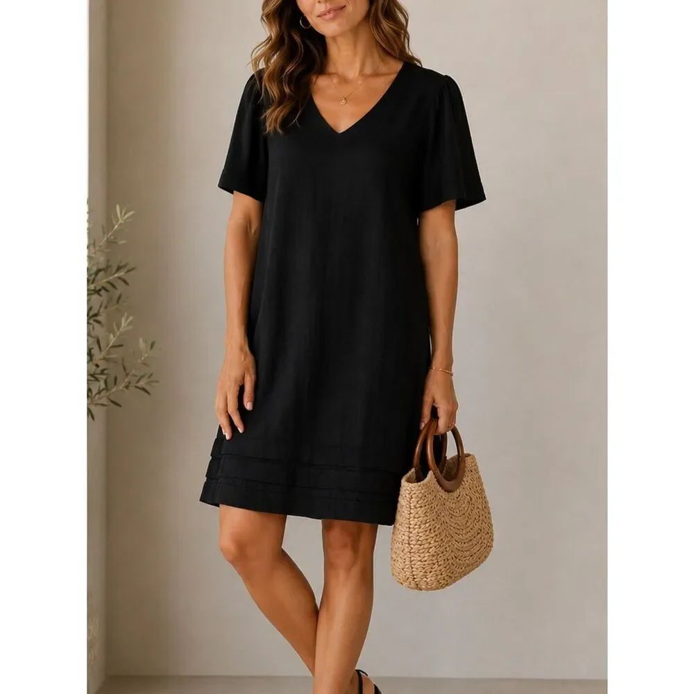 Nicole Miller Original Linen Blend Black Short Sleeve Dress Size M